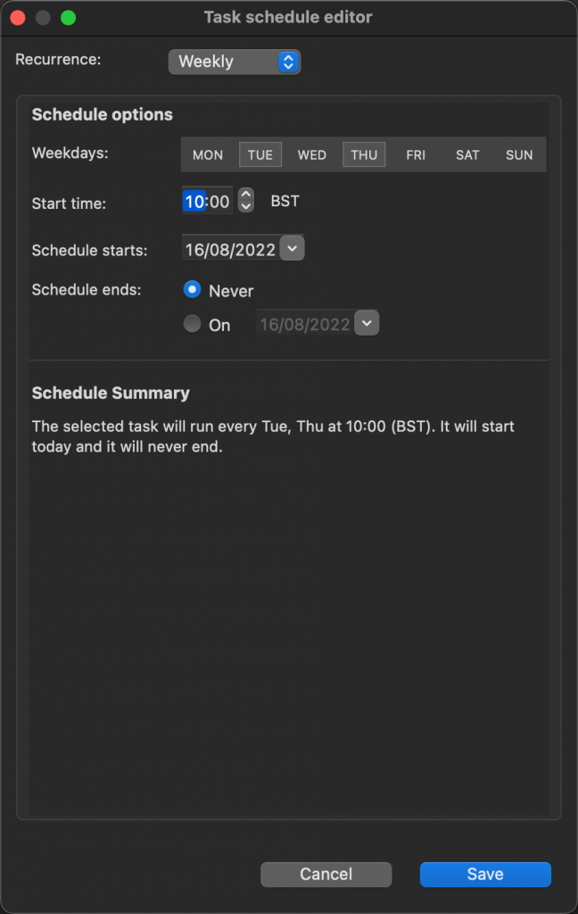 Select Weekly to schedule a MongoDB task to run on specified days of the week at a particular time 