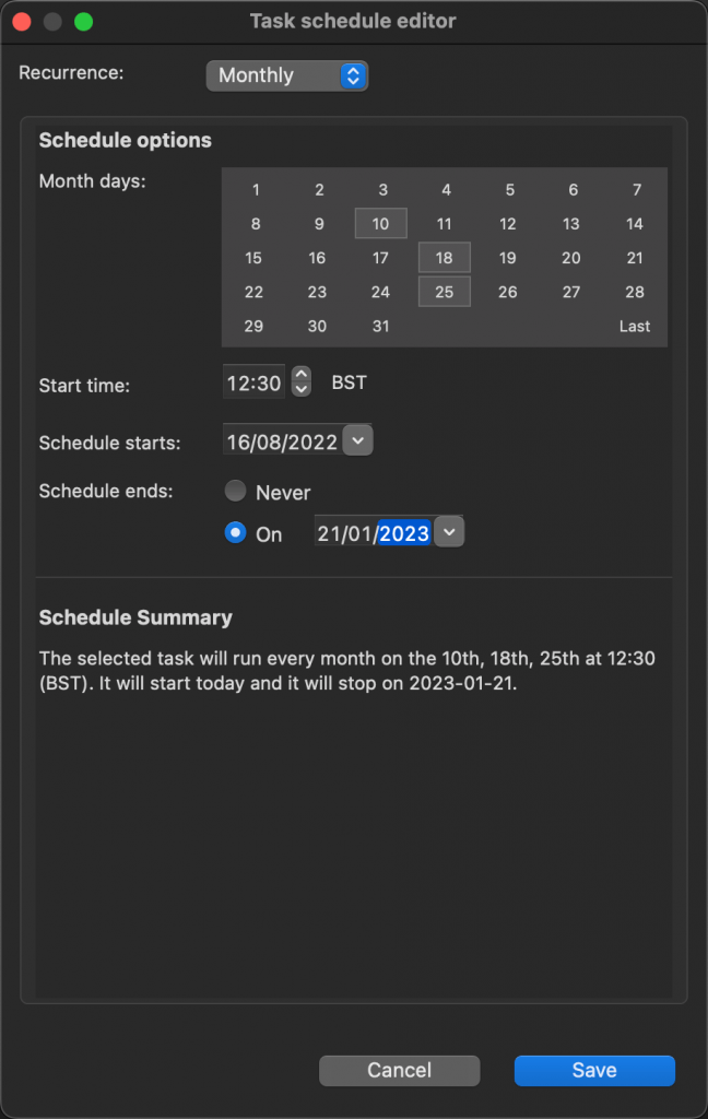 Select Monthly to schedule a MongoDB task to run on specified days of the month at a particular time 