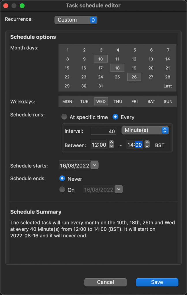 Select Custom to schedule a MongoDB task to run on particular days of the week or month or both. You can choose to run the task once or at repeated intervals