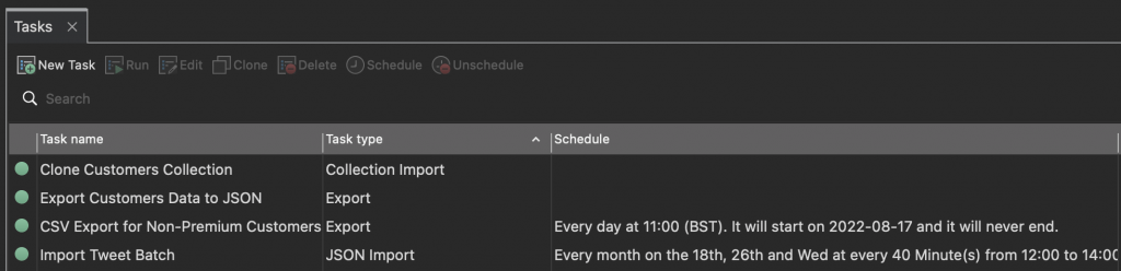 Schedules for MongoDB Tasks shown in the overview