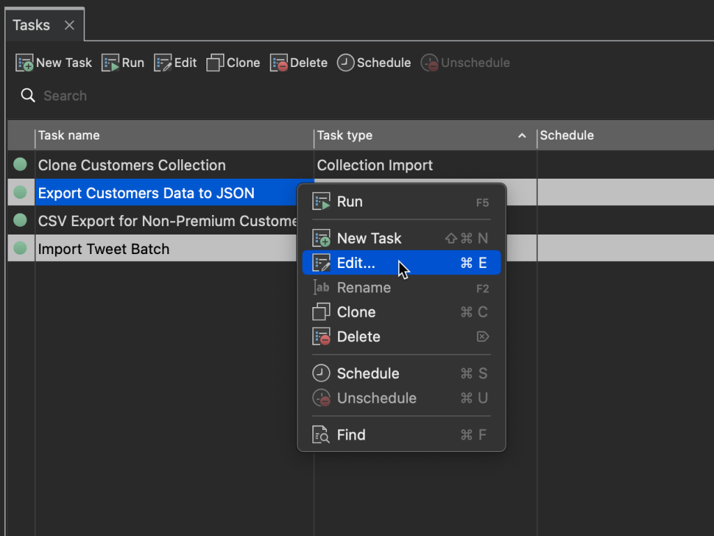 Edit your MongoDB Task with the edit button, menu item or shortcut