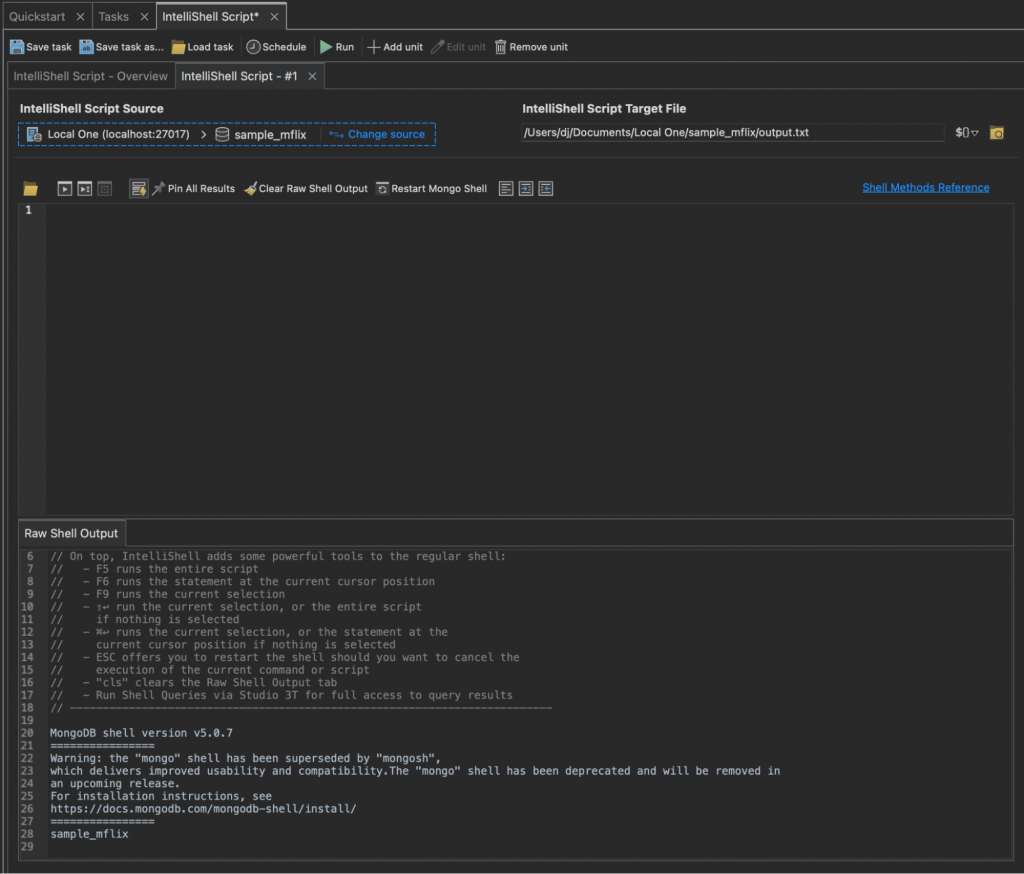 The IntelliShell Script Task Unit editor with shell output