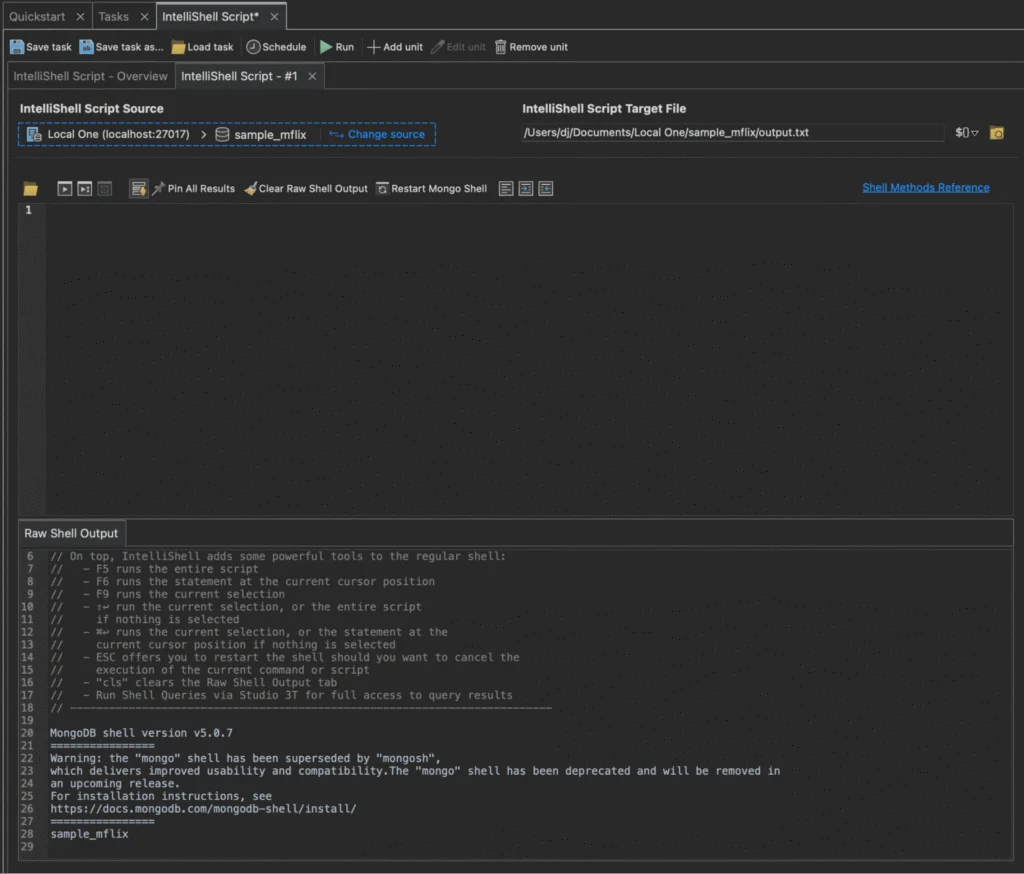 The IntelliShell Script Task Unit editor with shell output