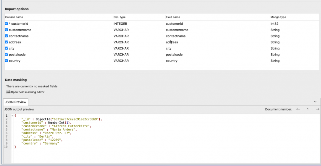 The simple one to one mapping of an SQL Import