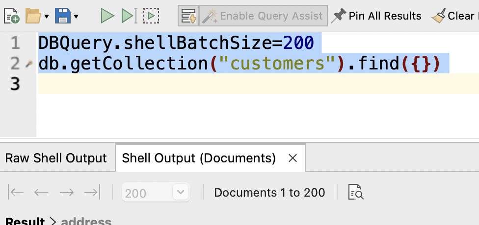 Setting the DBQuery.shellBatchSize with Query Assist off results in 200 documents returned