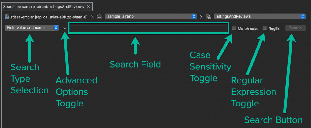 Check if a value or field name exists in MongoDB by typing in the search field. Match on case or as a regex. Use the toggle to specify a query.