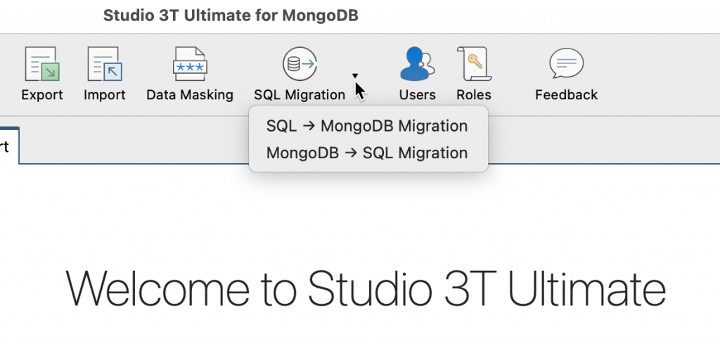 To open the MongoDB to SQL migration tool, click SQL Migration in the global toolbar