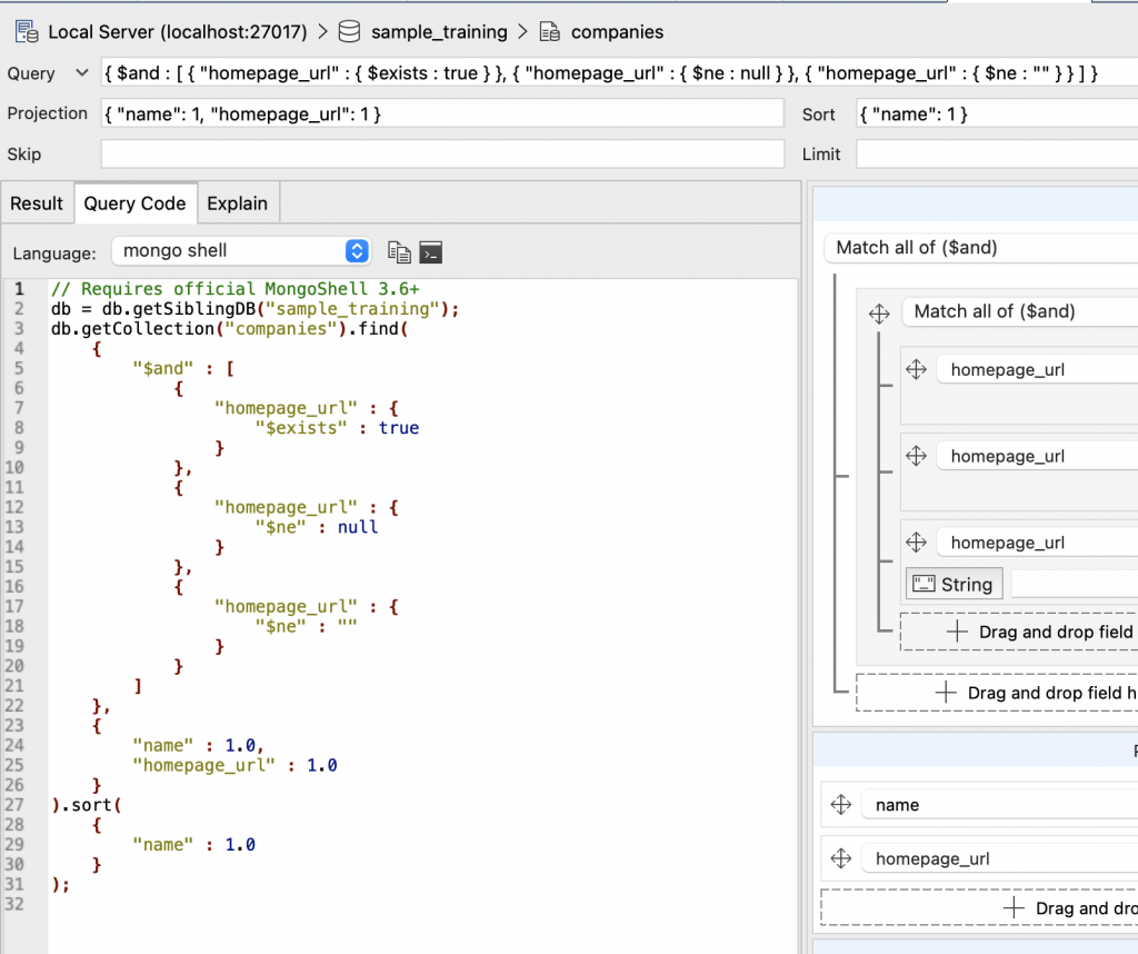 Our query as Mongosh code, ready to go to the shell