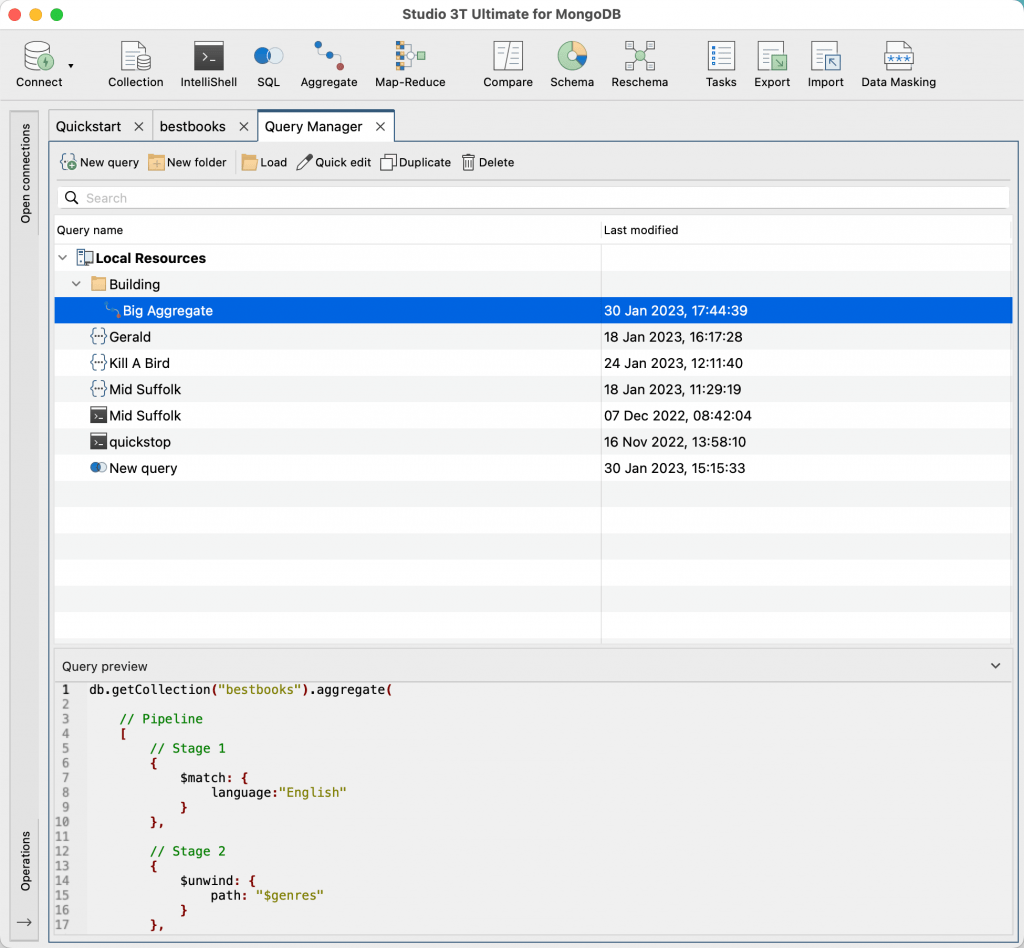 Screenshot of the Query Manager in Studio 3T 2023.1 