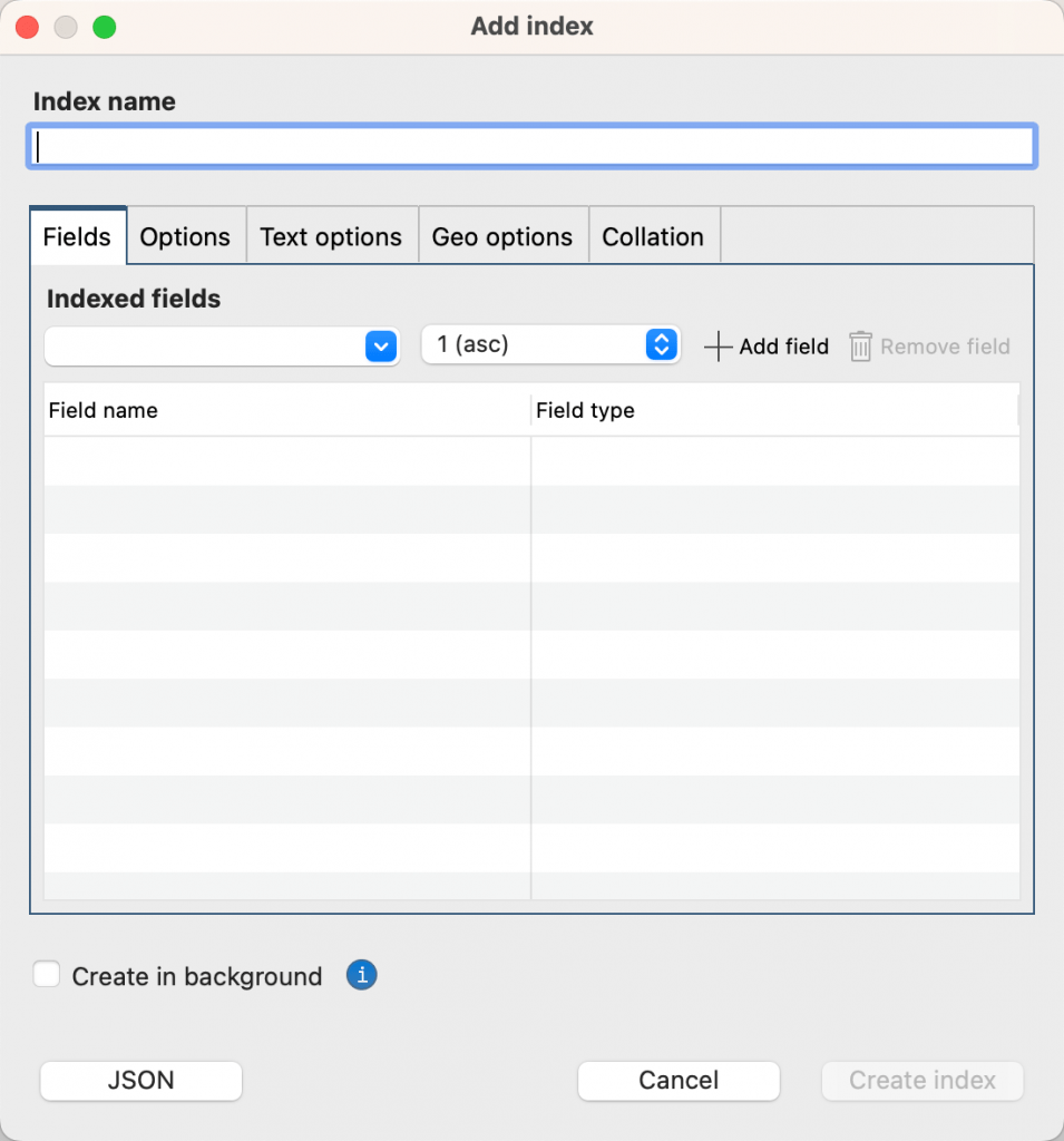 La finestra di dialogo Add 인덱스 consente di creare un 인덱스 per una collezione.