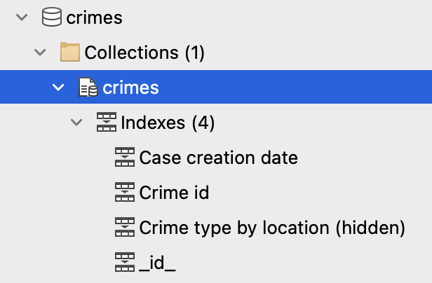 La sección 인덱스 del árbol de conexiones muestra una lista de nombres de 인덱스