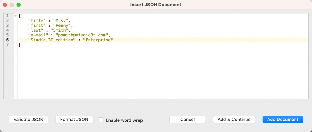 Type the field details for the new document in the Insert JSON Document dialog.