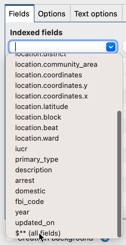 An image that shows the $** value in the Indexed fields list. You use this value to create a wildcard index