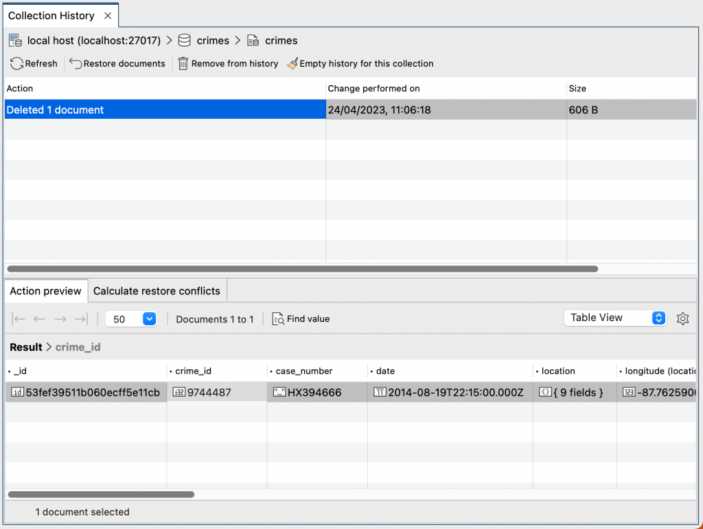 The new Collection History tab in Studio 3T 2023.4 where you can restore deleted documents