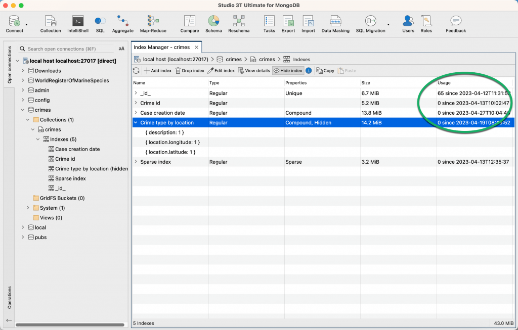 The new Index Manager tab in Studio 3T 2023.4, showing the new Usage field, and the indexed fields