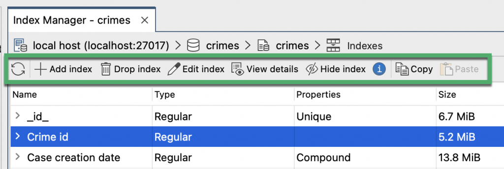 The new Index Manager toolbar in Studio 3T 2023.4, showing the Hide index button