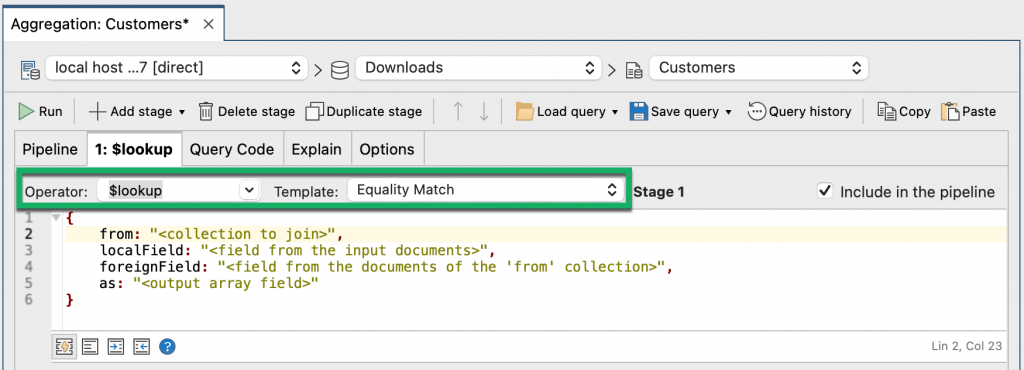 The new Template drop-down list for $lookup in the Aggregations Editor