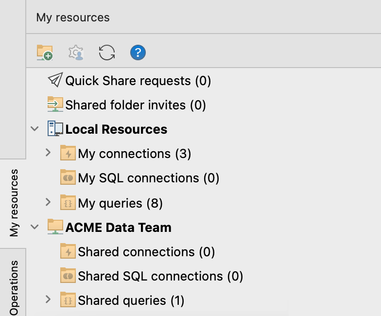 The My resources sidebar where you can create shared folders and share connections, queries, and scripts with other team members.