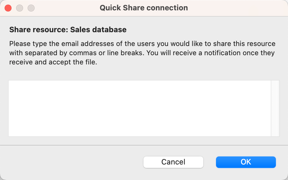 The Quick Share connection dialog where you can type the email addresses of the Studio 3T users you would like to share connections with.