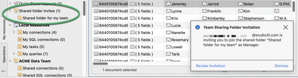 When another user shares a query with you, the Shared folder invites section of the My resources sidebar is updated and you will receive a shared folder notification.