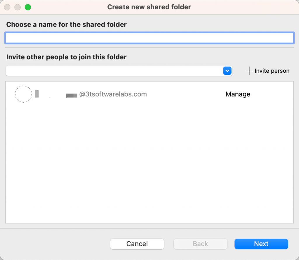 The first page of the Create new shared folder dialog where you can select team members and control their levels of permission to the folder.