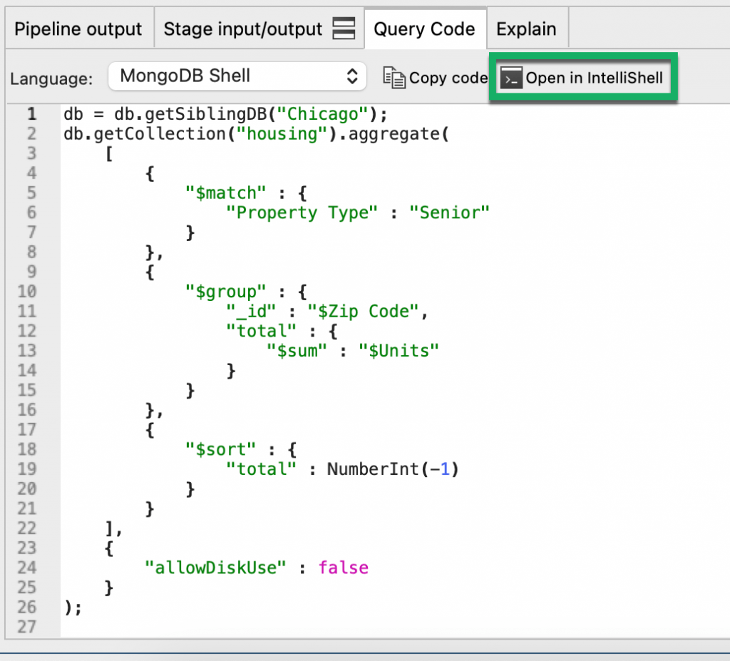 The MongoDB aggregation example in full mongo shell code. You can also open MongoDB aggregation queries directly in IntelliShell.