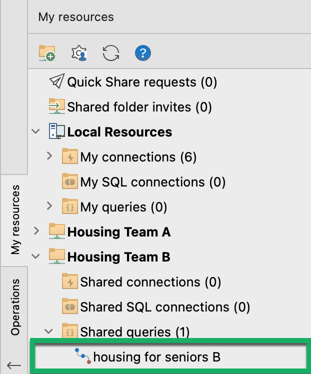 When you save an aggregation query to a shared folder, you and your team members can access it from the My resources sidebar in Studio 3T
