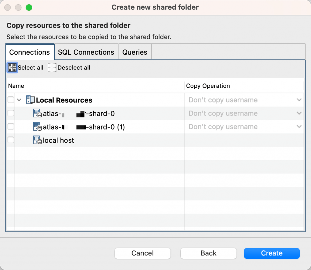The second page of the Create new shared folder dialog where you can choose the MongoDB or SQL connections, queries, and scripts that you want to share.