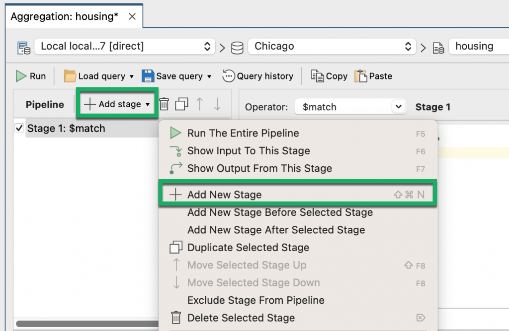 There are multiple ways to add a new stage in Aggregation Editor