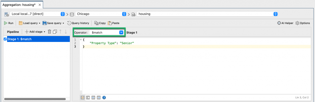 Stage 1: $match operator