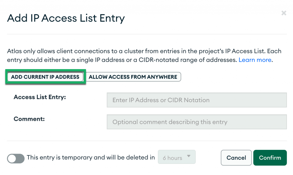 Add current IP address in MongoDB Atlas