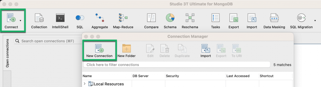 Create a new connection by clicking the Connect button and then the New Connection button on the Connection Manager