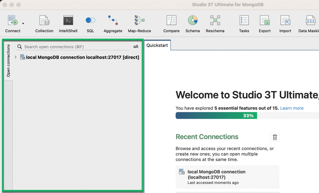 The connection tree displays the new local MongoDB connection