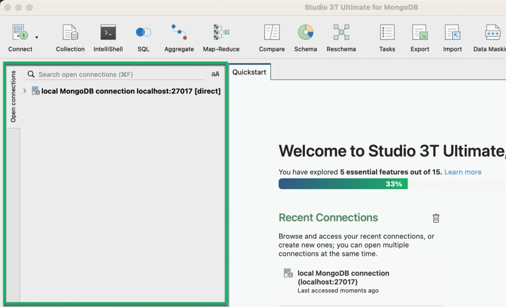 The connection tree displays the new local MongoDB connection