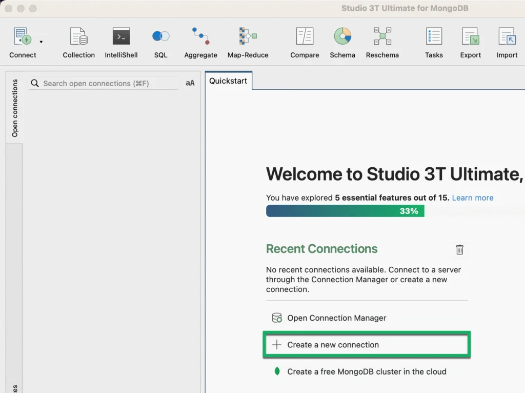 Create a new connection using the Quickstart tab
