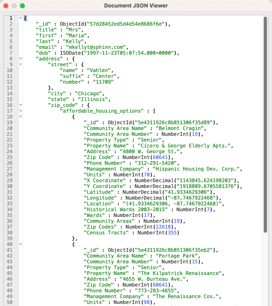 The JSON document from the first part of the aggregation query example