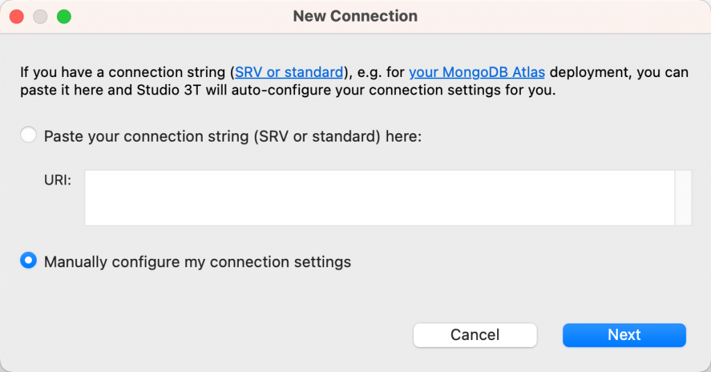 Select Manually configure my connection settings to display the New Connection dialog