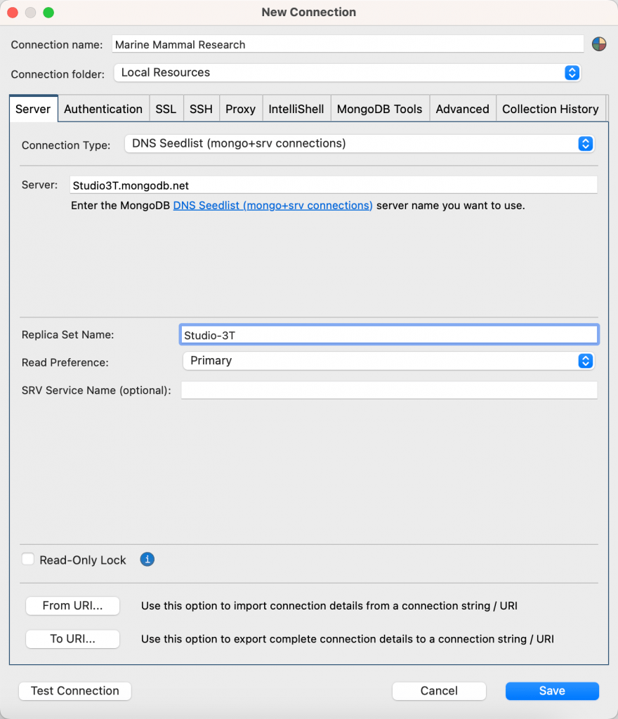 Choose DNS Seedlist from the Connection Type list