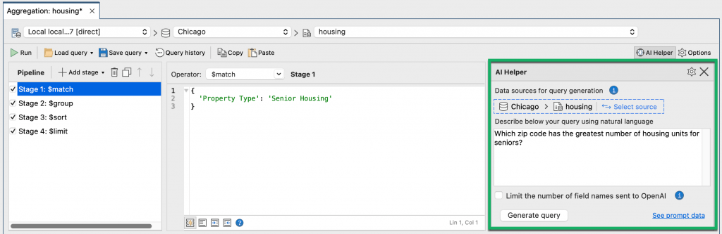 Write your query in natural language and generate the aggregation stages with your OpenAI account.