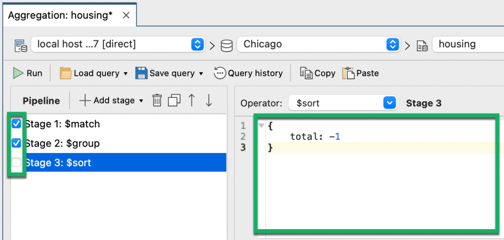 Use the checkboxes to include or exclude aggregation stages in the aggregation pipeline.