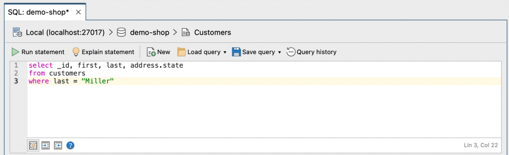 An example of a simple query written in SQL to query MongoDB