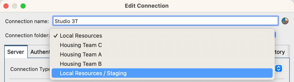 Choose the connection folder from the dropdown menu