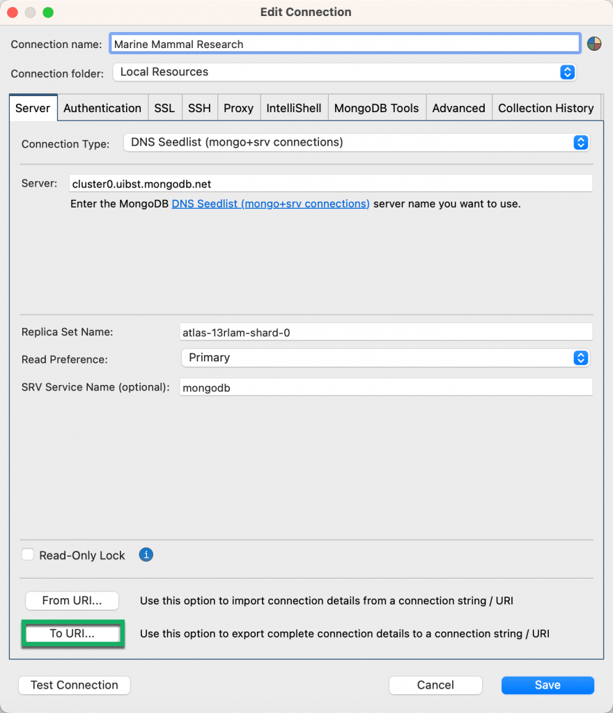 Export connection to a URI