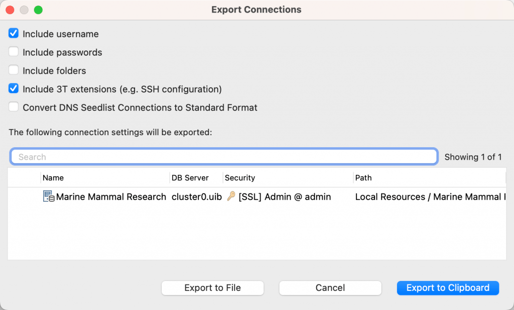 Export connection settings to a URI or file
