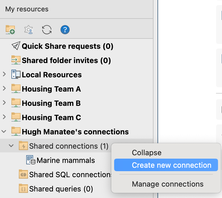 Create a new connection from the My resources sidebar