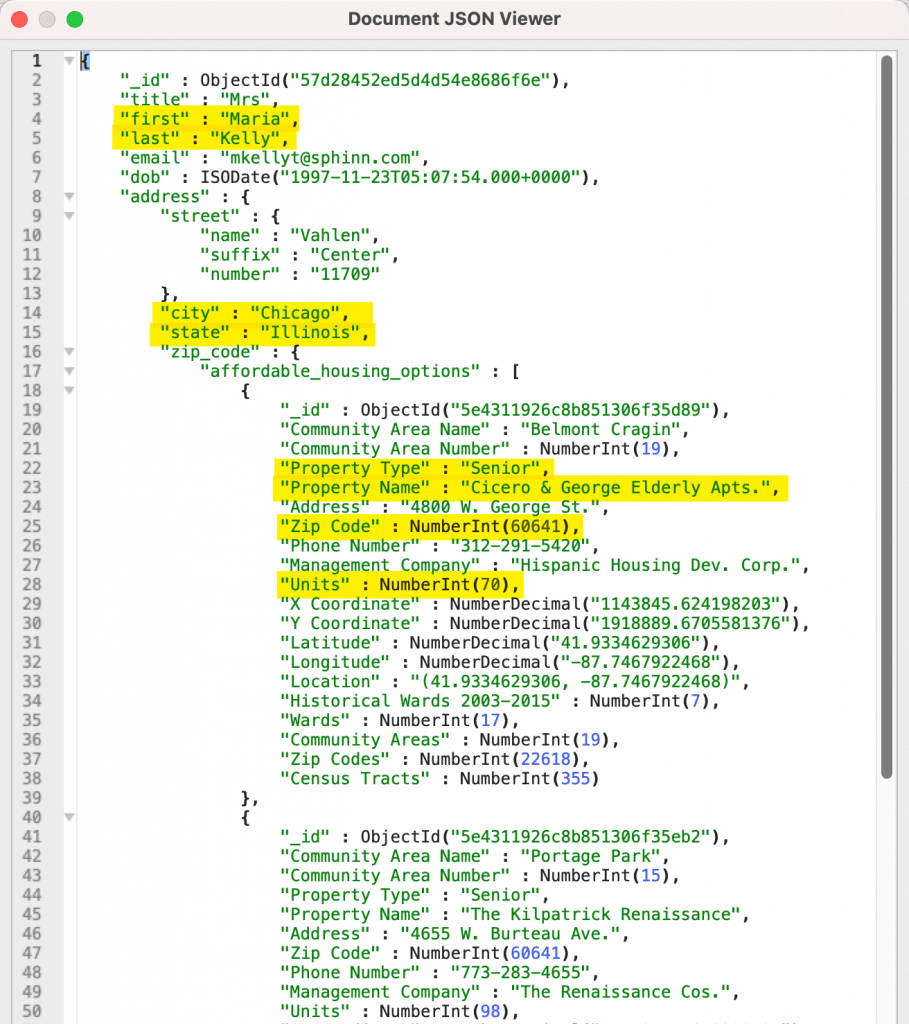 Highlighting the fields we'll filter using $project