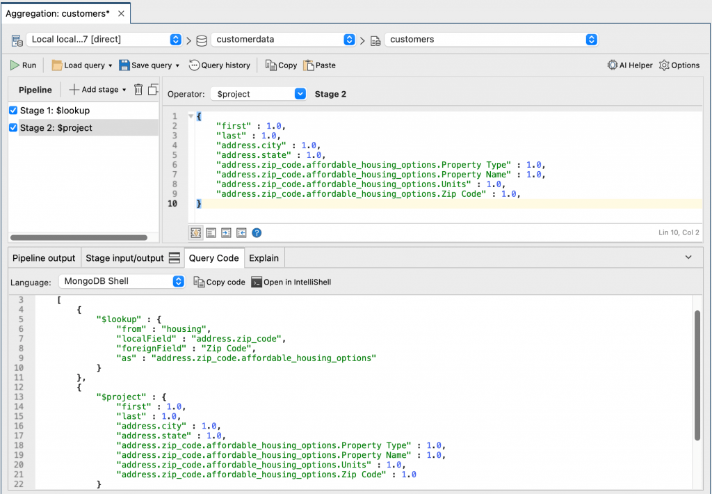 mongo shell code with lookup and project stages