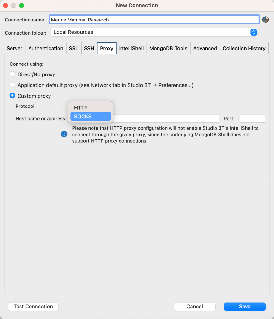 Connect using HTTP and SOCKS proxy settings