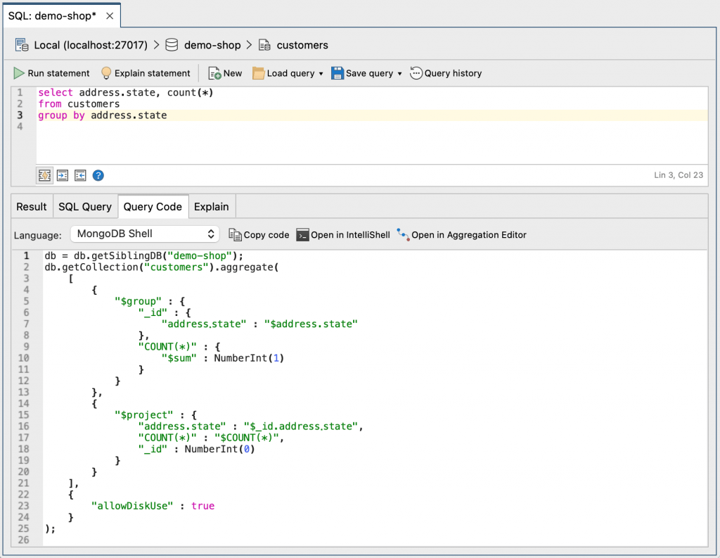 MongoDB aggregation query translated and generated from Query Code