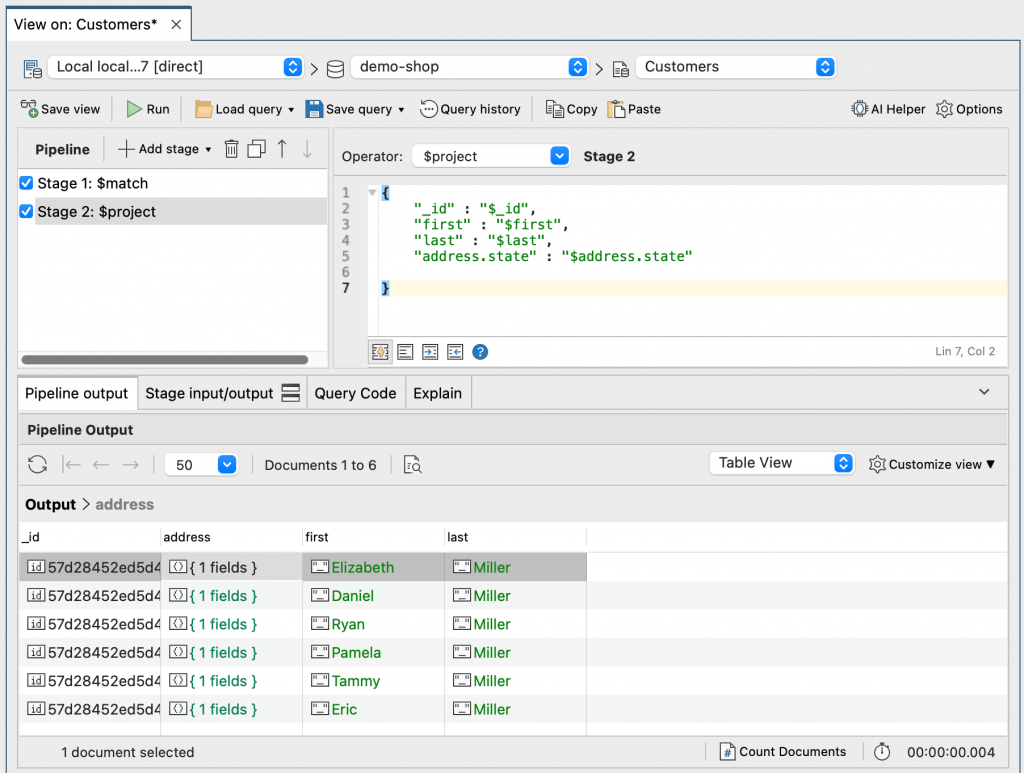 Here, we've added the $match and $project stages in Studio 3T's View Editor